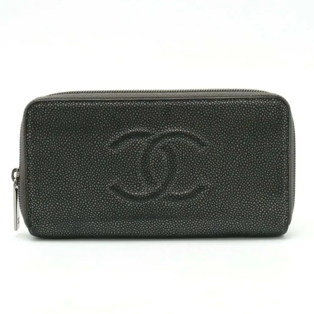 CHANEL Authentic Gray Caviar Leather Logo Wallet